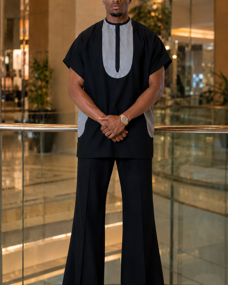 Modern Black Dashiki Set with Premium Flare Palazzo Pants.